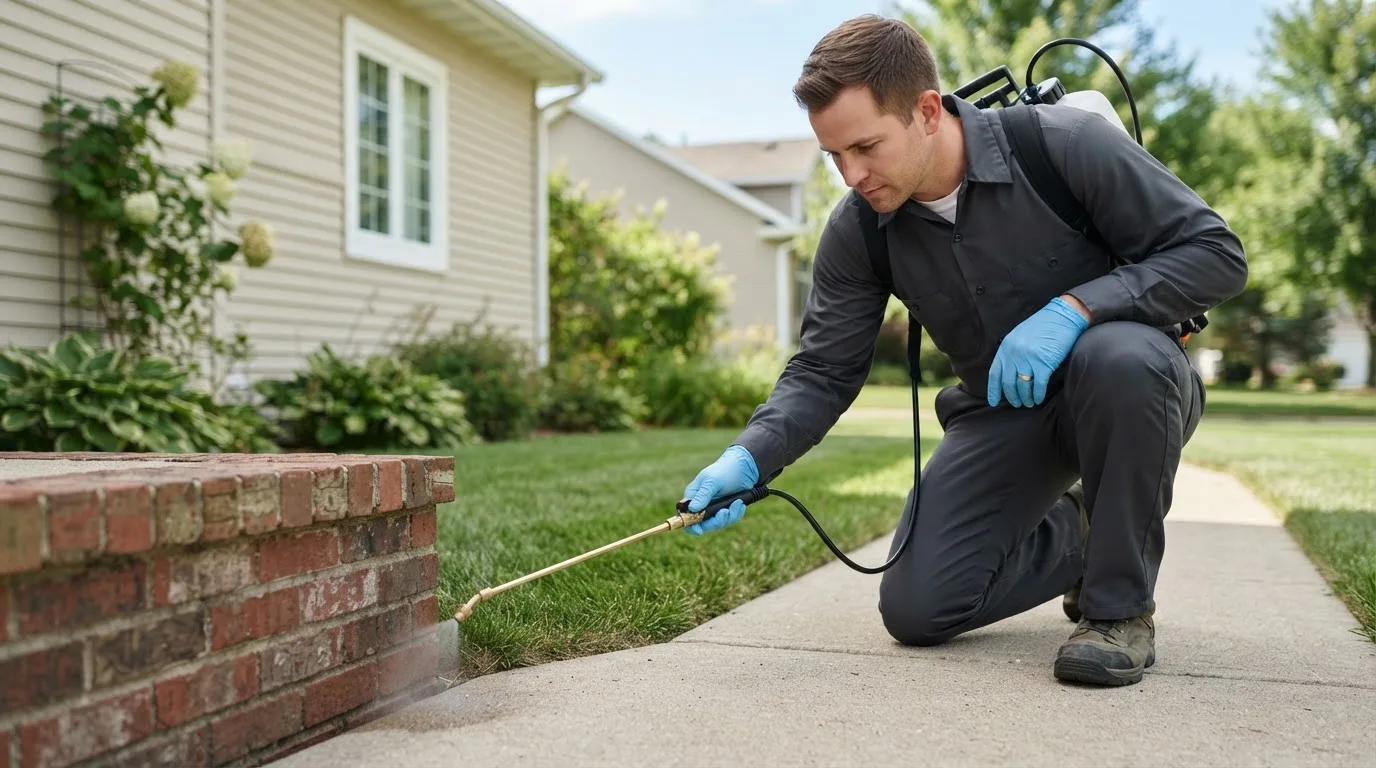 Pest control technician treating a home near Atkinson, IL