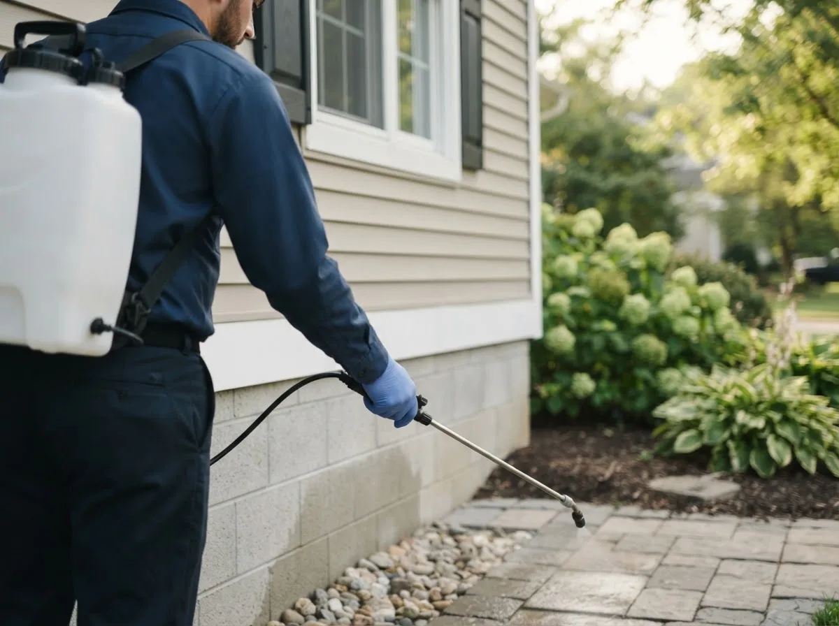 Pest control technician inspecting a home in Atkinson, IL